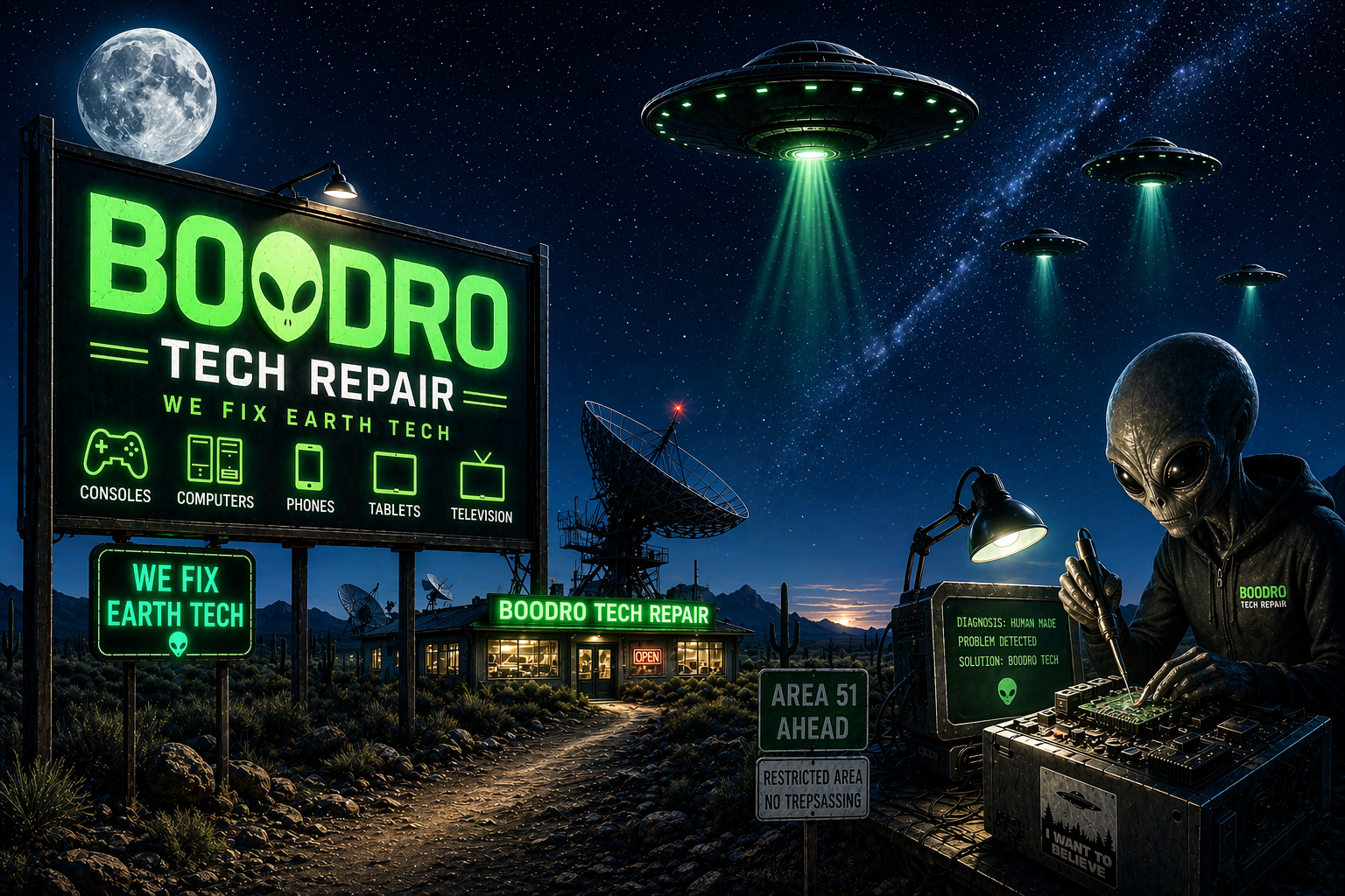 Boodro Tech Repair neon alien themed artwork